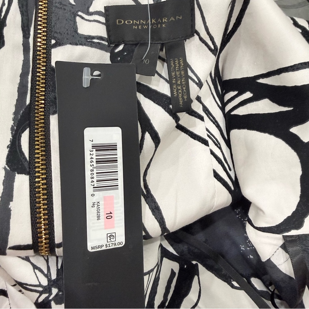 Donna Karan Floral Square Neck Belted Sateen Cotton Midi Dress Black/Pristine - Picture 13 of 16